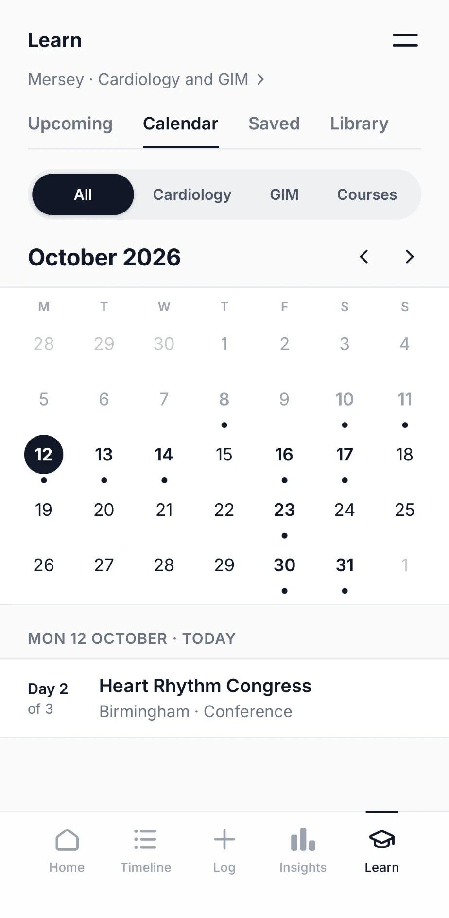 The Learn calendar for October, with dots on days that have teaching and a Cardiology, GIM and Courses filter.