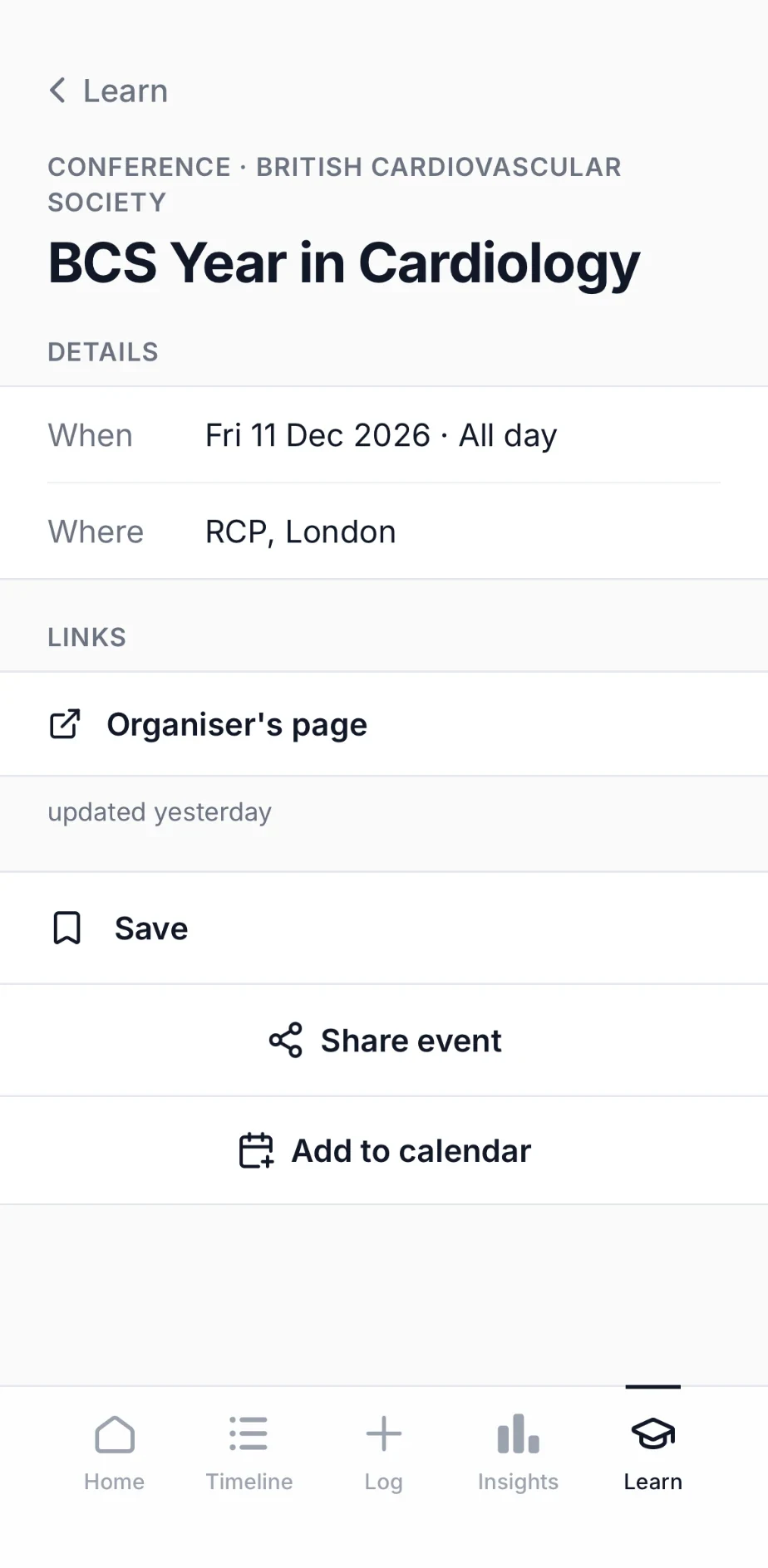 An event page for BCS Year in Cardiology, with Save, Share event and Add to calendar buttons.