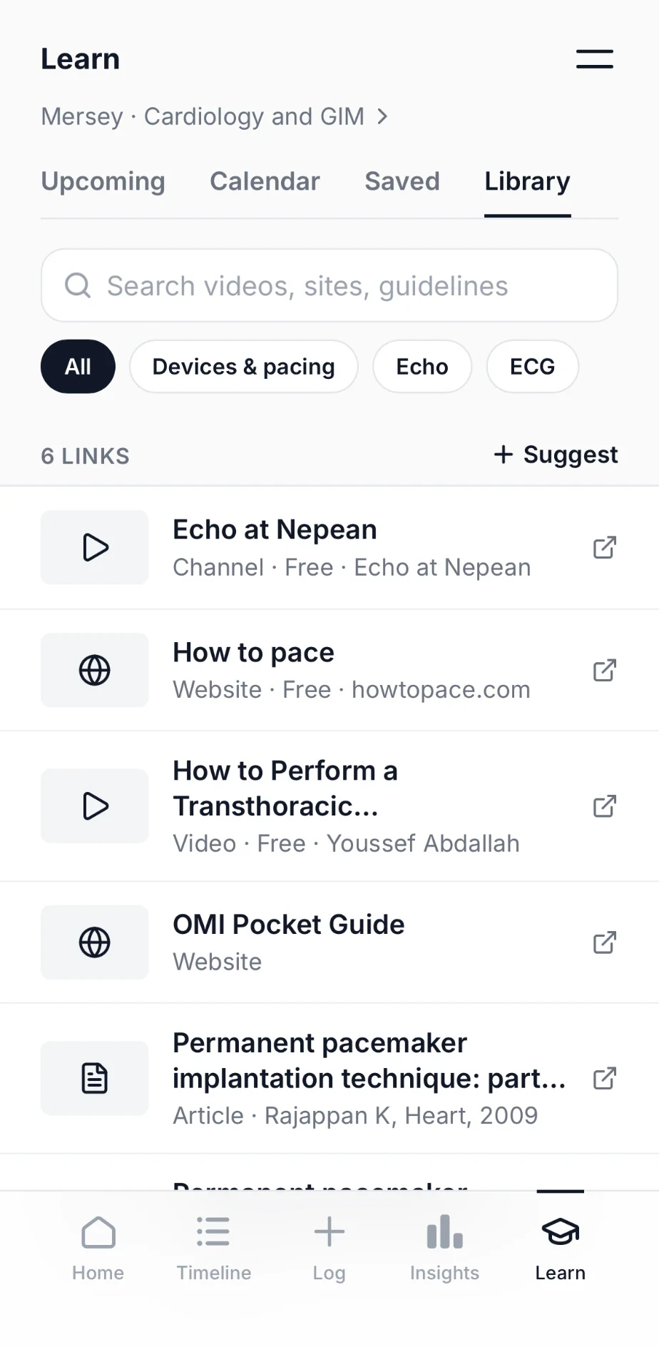 The Learn library, filtered by topic, listing echo and pacing videos and websites.